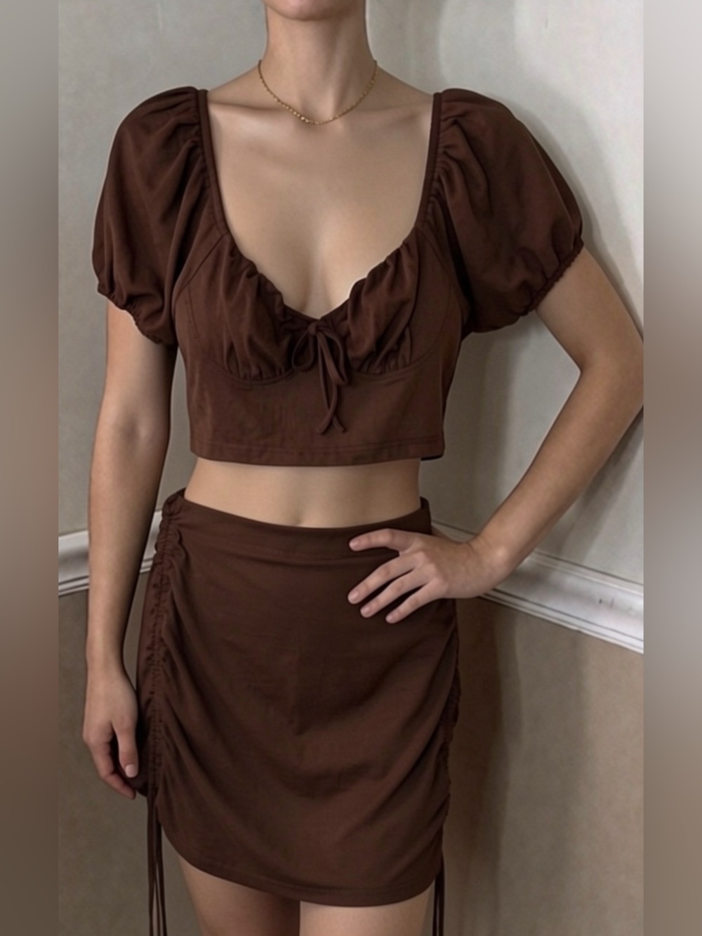 🤍 5 for $20! Chocolate Brown Puff Sleeve Crop Top & Ruched Mini Skirt Set